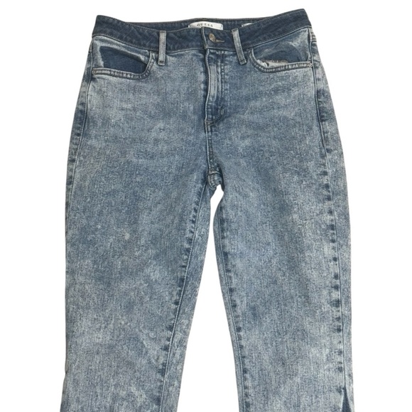 GUESS Acid Wash Two Tone 1981 Skinny Blue Denim Jeans Sz 28 Mid Rise Fray Ankle - Picture 3 of 9